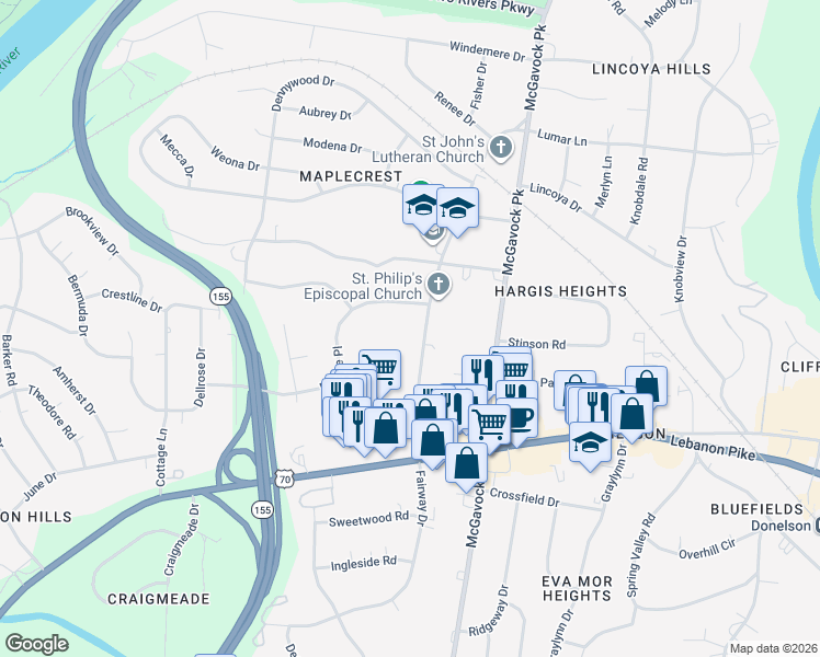 map of restaurants, bars, coffee shops, grocery stores, and more near 103 Fairway Drive in Nashville