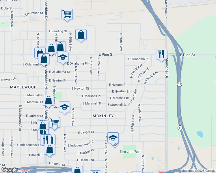 map of restaurants, bars, coffee shops, grocery stores, and more near 7316 East Newton Street in Tulsa