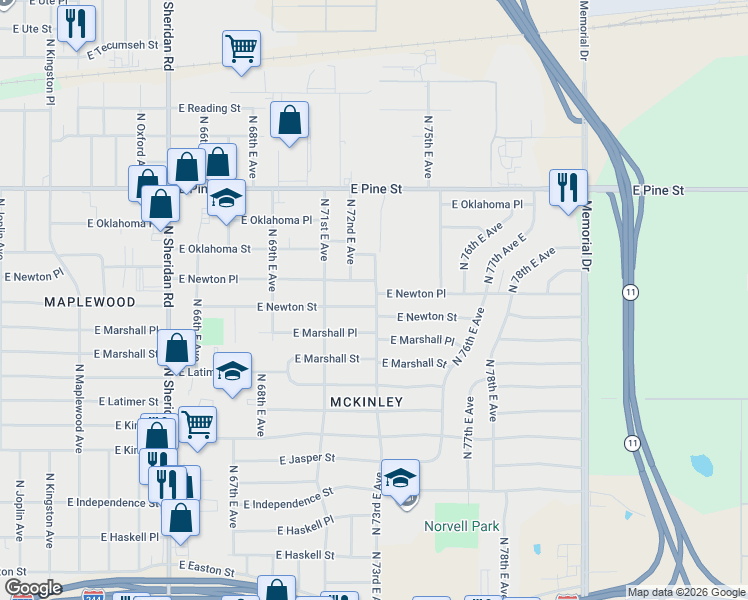 map of restaurants, bars, coffee shops, grocery stores, and more near 7129 East Marshall Place in Tulsa