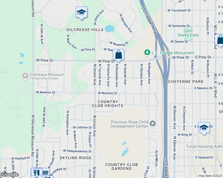 map of restaurants, bars, coffee shops, grocery stores, and more near 1233 North Tacoma Avenue in Tulsa