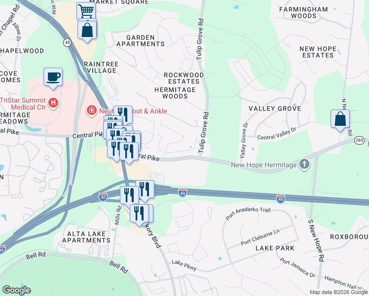map of restaurants, bars, coffee shops, grocery stores, and more near 4035 Central Pike in Nashville