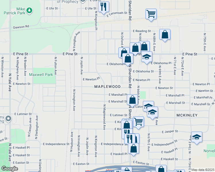 map of restaurants, bars, coffee shops, grocery stores, and more near 6207 East Newton Street in Tulsa