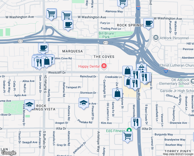 map of restaurants, bars, coffee shops, grocery stores, and more near 108 Antelope Way in Las Vegas