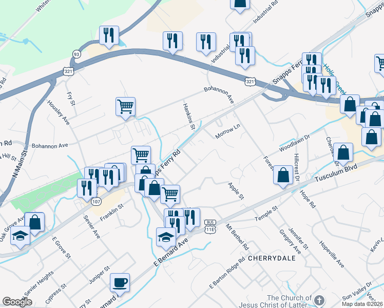 map of restaurants, bars, coffee shops, grocery stores, and more near 113 Avondale Road in Greeneville