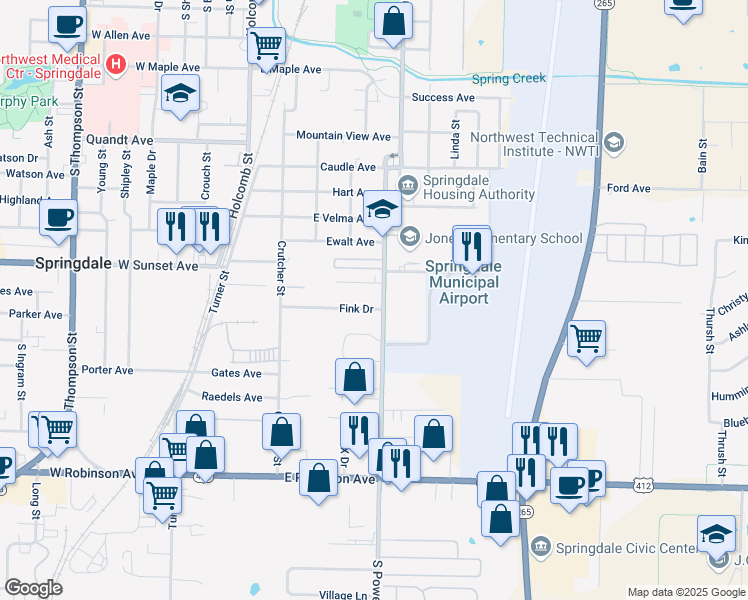 map of restaurants, bars, coffee shops, grocery stores, and more near 1414 South Powell Street in Springdale