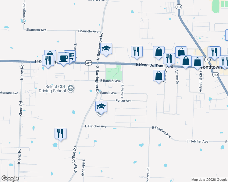 map of restaurants, bars, coffee shops, grocery stores, and more near 297 East Bandini Avenue in Springdale