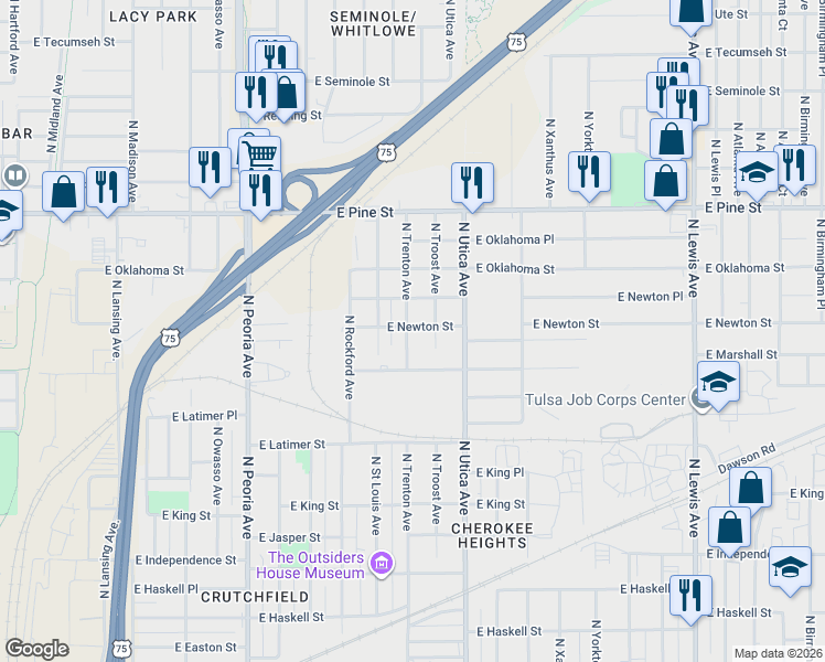 map of restaurants, bars, coffee shops, grocery stores, and more near 1316 North Troost Avenue in Tulsa