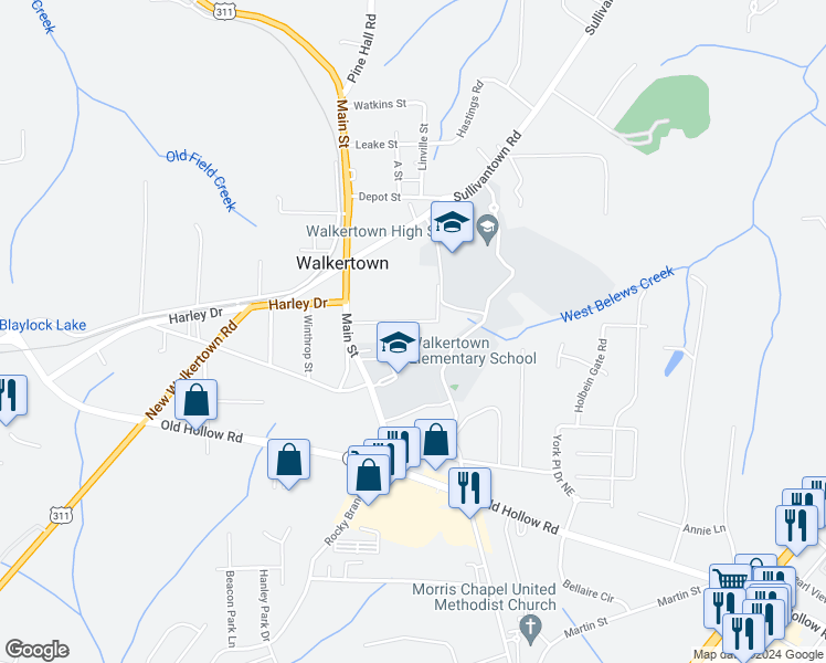 map of restaurants, bars, coffee shops, grocery stores, and more near 5170 New Street in Walkertown