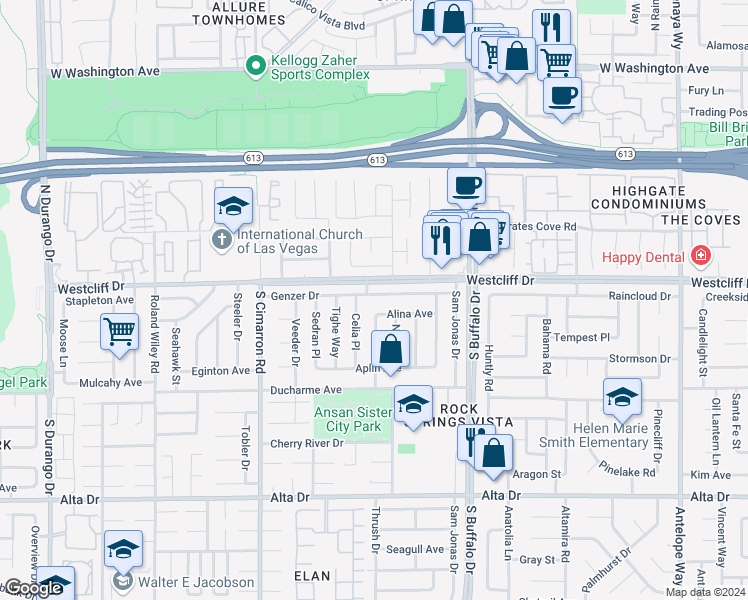 map of restaurants, bars, coffee shops, grocery stores, and more near 7733 Genzer Drive in Las Vegas