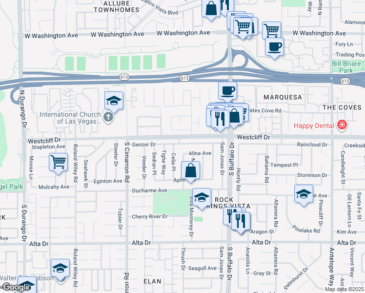 map of restaurants, bars, coffee shops, grocery stores, and more near 7733 Genzer Drive in Las Vegas