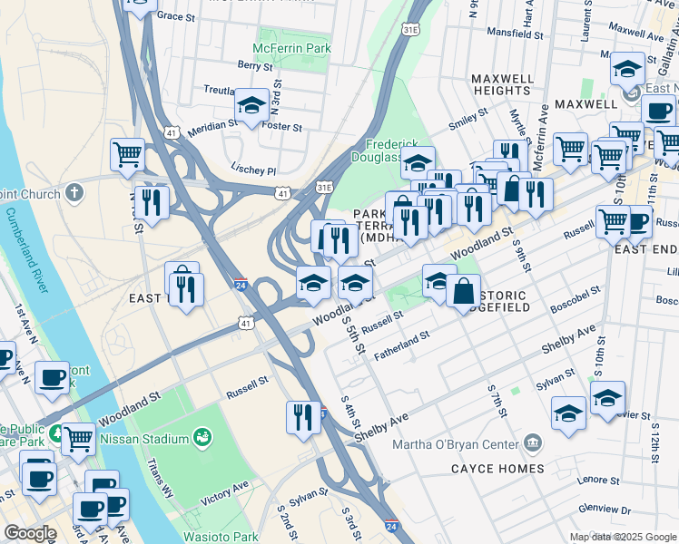 map of restaurants, bars, coffee shops, grocery stores, and more near 2115 Yeaman Place in Nashville