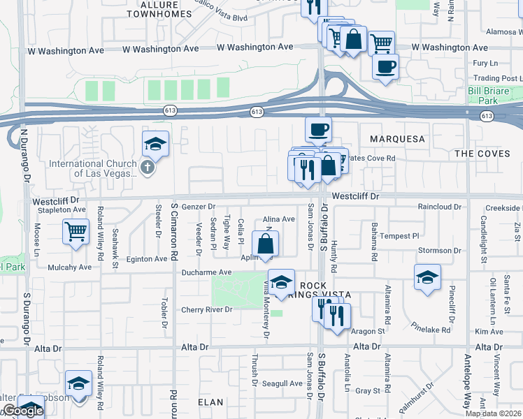 map of restaurants, bars, coffee shops, grocery stores, and more near 7725 Genzer Drive in Las Vegas