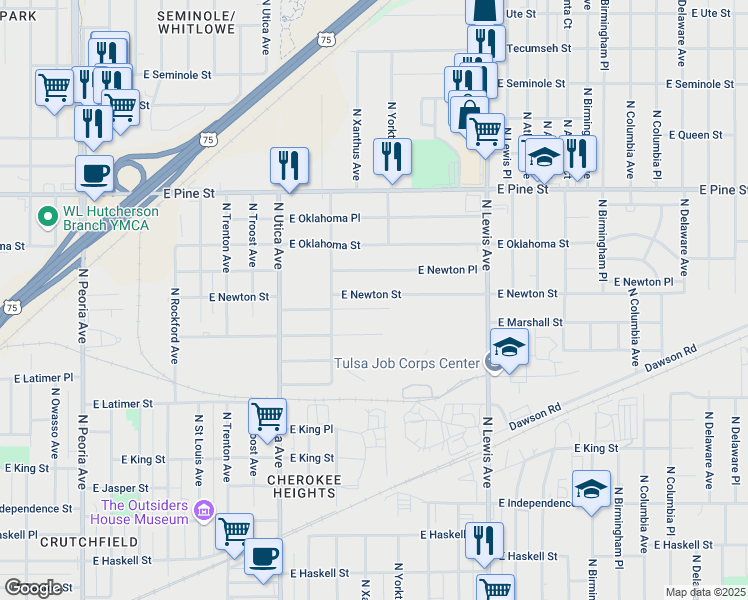 map of restaurants, bars, coffee shops, grocery stores, and more near 2104 East Newton Place in Tulsa