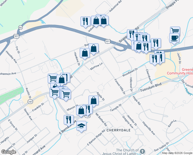map of restaurants, bars, coffee shops, grocery stores, and more near 109 Cottonwood Drive in Greeneville