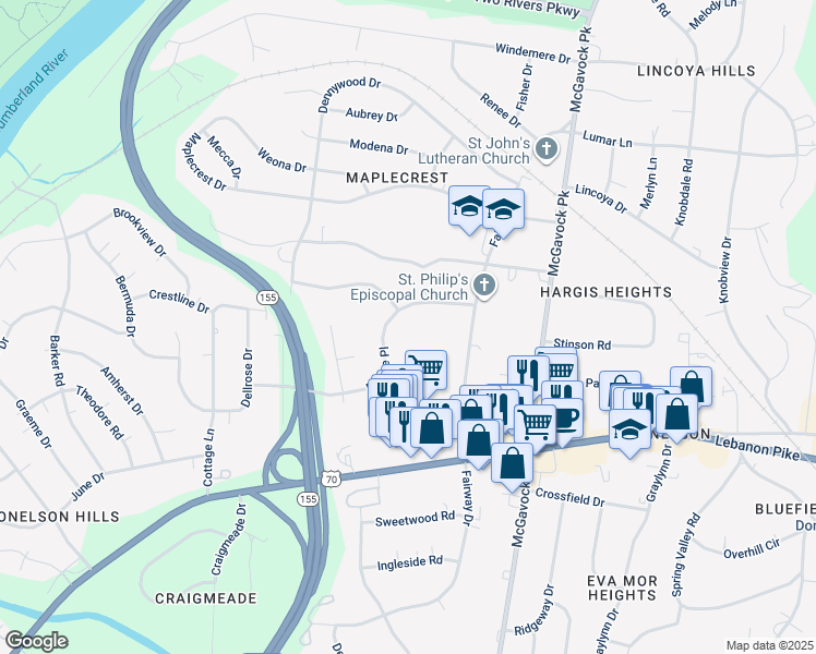 map of restaurants, bars, coffee shops, grocery stores, and more near 2339 Revere Place in Nashville