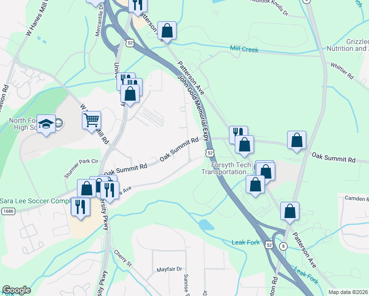 map of restaurants, bars, coffee shops, grocery stores, and more near 201 Oak Summit Road in Winston-Salem