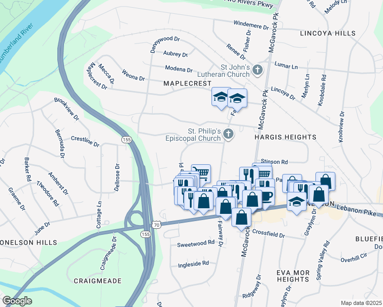 map of restaurants, bars, coffee shops, grocery stores, and more near 2339 Revere Place in Nashville