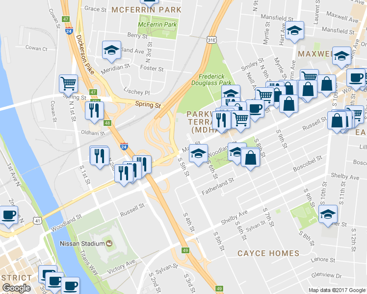 map of restaurants, bars, coffee shops, grocery stores, and more near 2220 Strickland Drive in Nashville