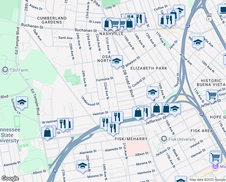 map of restaurants, bars, coffee shops, grocery stores, and more near 1521 21st Avenue North in Nashville