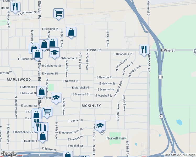 map of restaurants, bars, coffee shops, grocery stores, and more near 7314 East Newton Place in Tulsa
