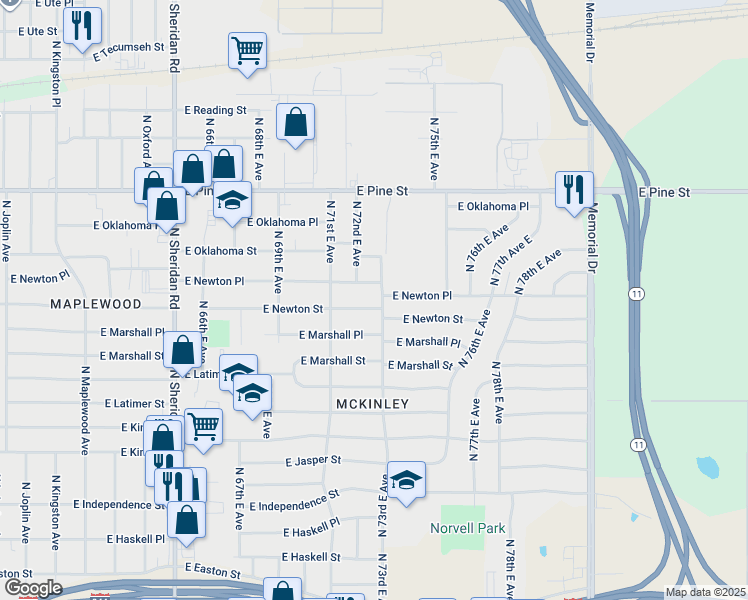 map of restaurants, bars, coffee shops, grocery stores, and more near 7207 East Newton Place in Tulsa