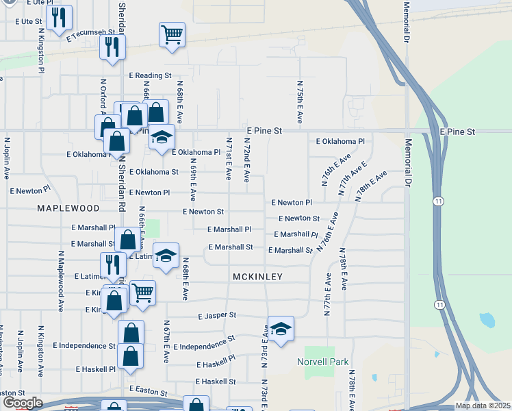 map of restaurants, bars, coffee shops, grocery stores, and more near 7207 East Newton Place in Tulsa