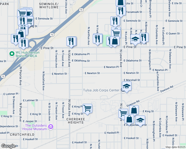map of restaurants, bars, coffee shops, grocery stores, and more near 2104 East Newton Place in Tulsa