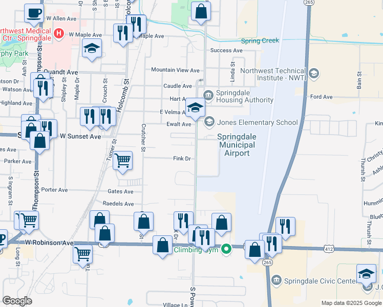 map of restaurants, bars, coffee shops, grocery stores, and more near 506 Charles Avenue in Springdale