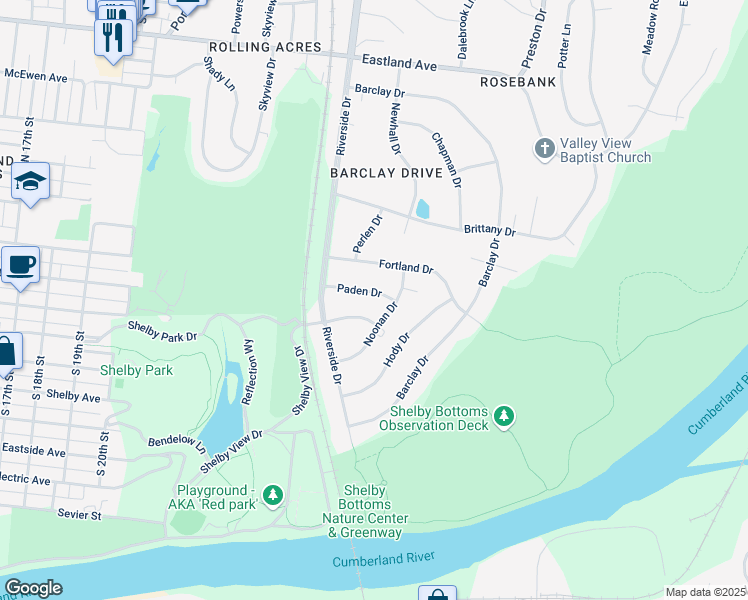 map of restaurants, bars, coffee shops, grocery stores, and more near 2802C Paden Drive in Nashville