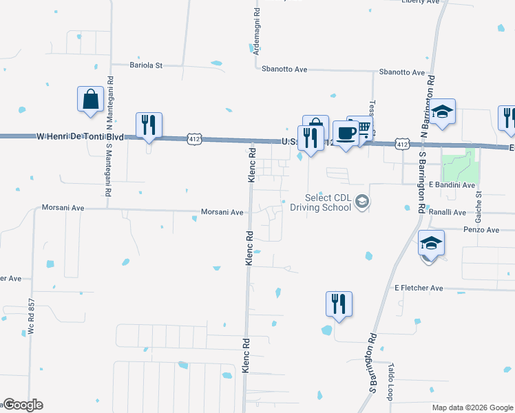 map of restaurants, bars, coffee shops, grocery stores, and more near 100-220 Klenc Road in Springdale