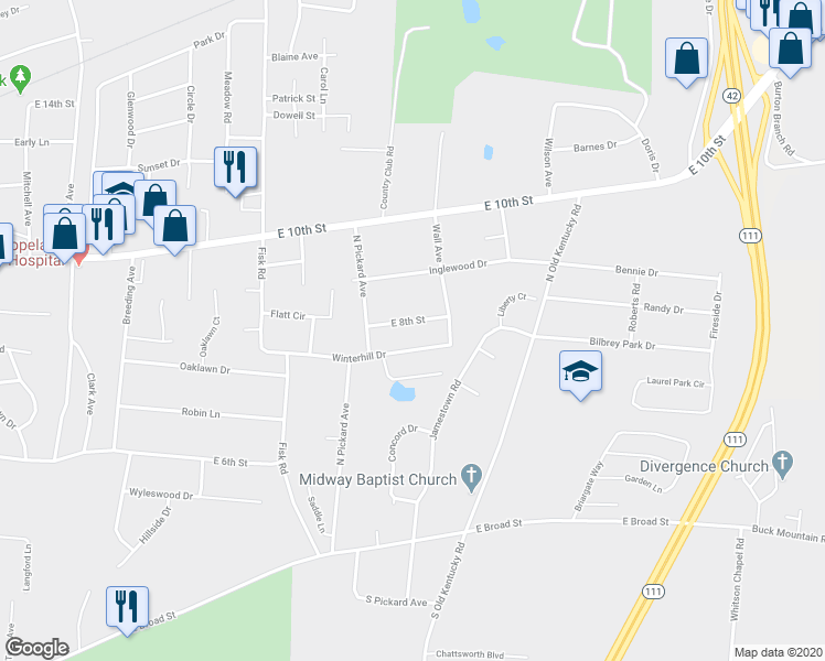 map of restaurants, bars, coffee shops, grocery stores, and more near 1255 Creekwood Drive in Cookeville