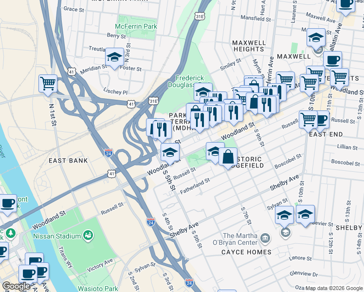 map of restaurants, bars, coffee shops, grocery stores, and more near 600 Main Street in Nashville
