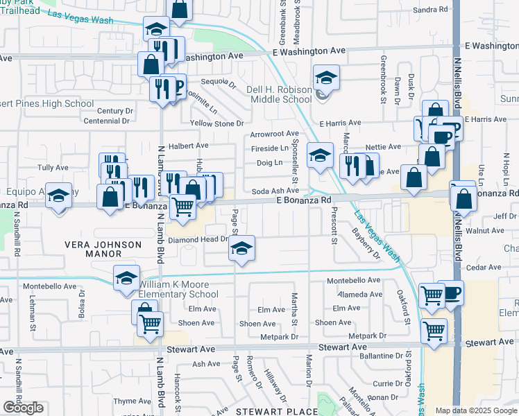 map of restaurants, bars, coffee shops, grocery stores, and more near 578 Roxella Lane in Las Vegas