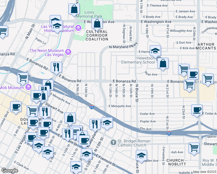 map of restaurants, bars, coffee shops, grocery stores, and more near 513 North 13th Street in Las Vegas