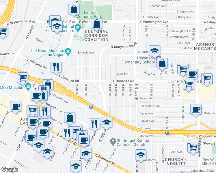 map of restaurants, bars, coffee shops, grocery stores, and more near 513 North 13th Street in Las Vegas