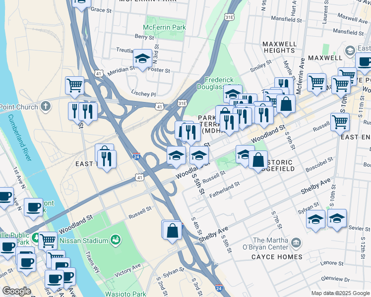 map of restaurants, bars, coffee shops, grocery stores, and more near 2115 Yeaman Place in Nashville