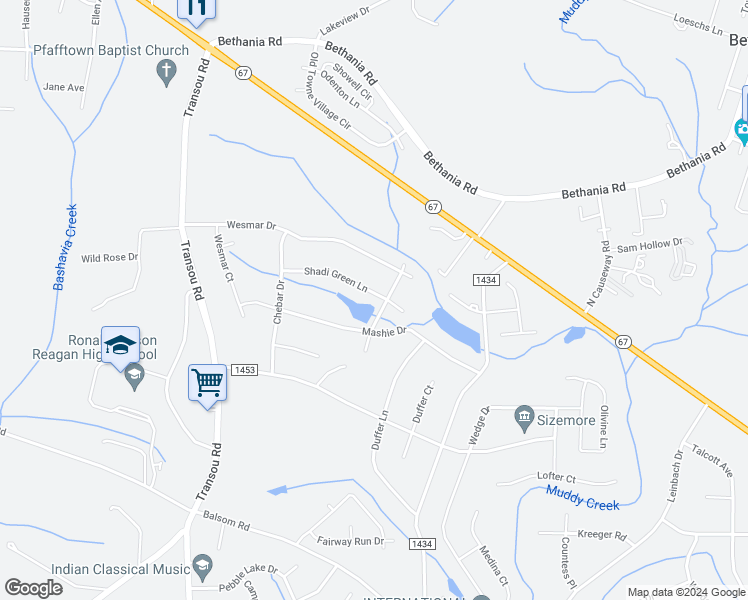 map of restaurants, bars, coffee shops, grocery stores, and more near 4306 Shadi Green Lane in Pfafftown