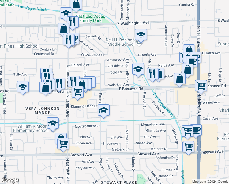 map of restaurants, bars, coffee shops, grocery stores, and more near 579 Roxella Lane in Las Vegas