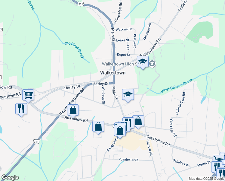 map of restaurants, bars, coffee shops, grocery stores, and more near 3076 Main Street in Walkertown