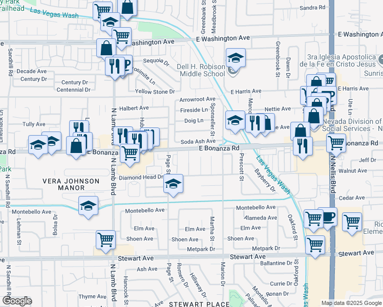 map of restaurants, bars, coffee shops, grocery stores, and more near 579 Roxella Lane in Las Vegas