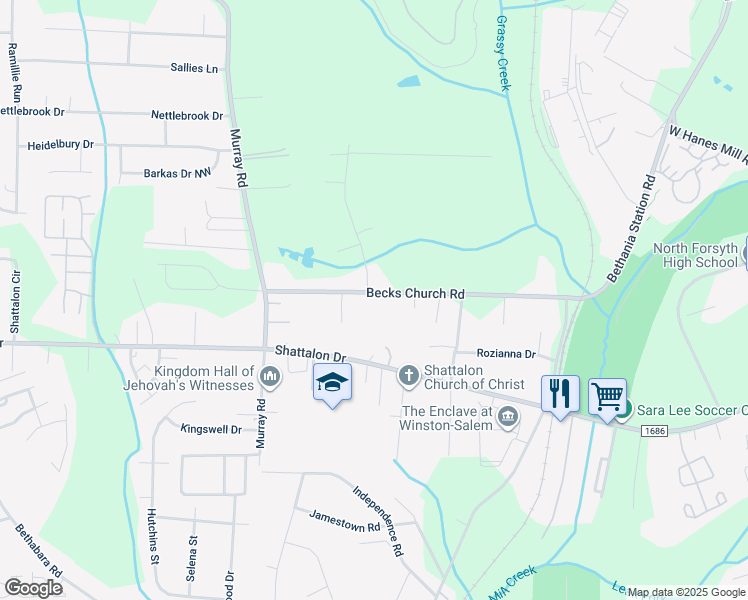 map of restaurants, bars, coffee shops, grocery stores, and more near 5472 Becks Church Road in Winston-Salem