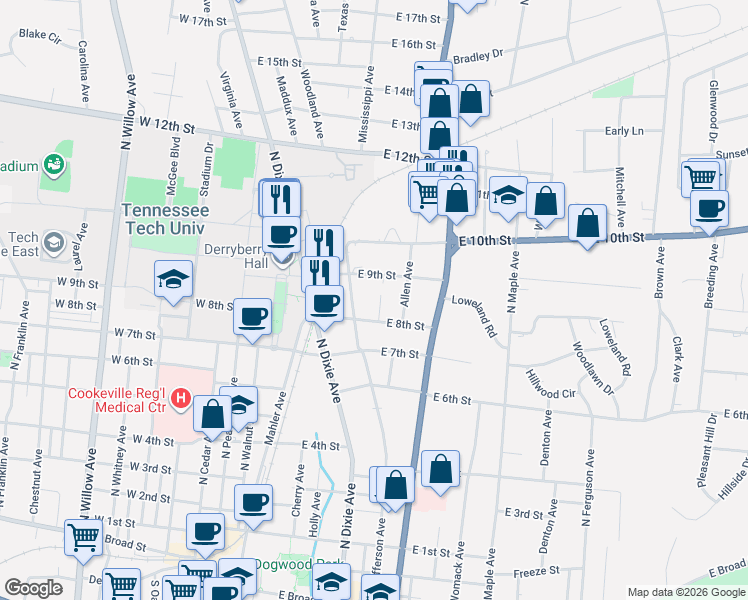 map of restaurants, bars, coffee shops, grocery stores, and more near 271 East 9th Street in Cookeville