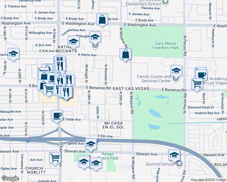 map of restaurants, bars, coffee shops, grocery stores, and more near 600 Manning Street in Las Vegas