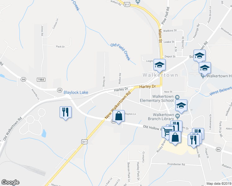 map of restaurants, bars, coffee shops, grocery stores, and more near 5040 Harley Drive in Walkertown