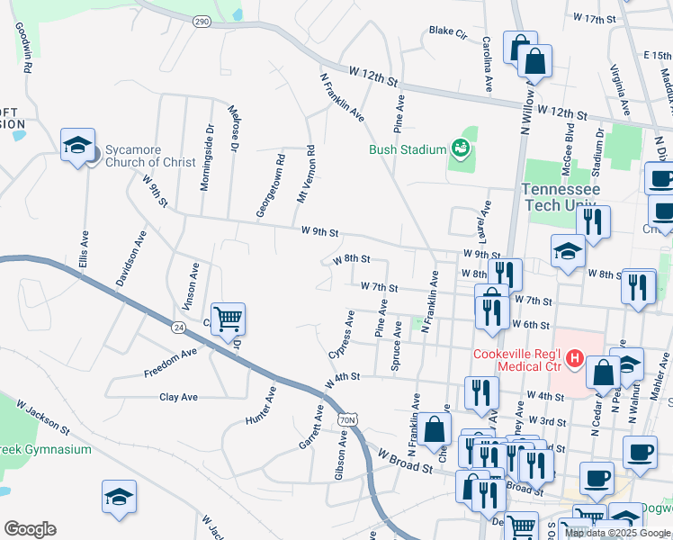 map of restaurants, bars, coffee shops, grocery stores, and more near 565 West 8th Street in Cookeville