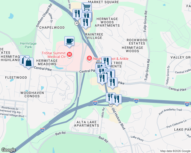 map of restaurants, bars, coffee shops, grocery stores, and more near 3904 Central Pike in Nashville