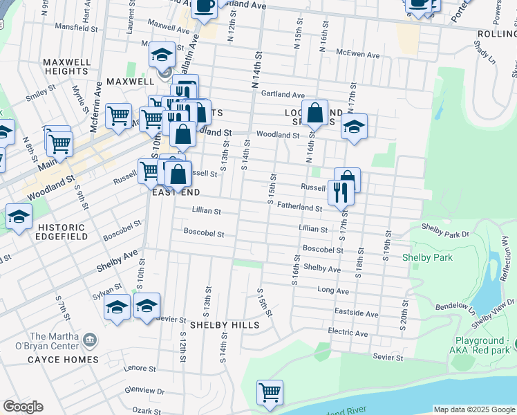 map of restaurants, bars, coffee shops, grocery stores, and more near 1415 Fatherland Street in Nashville