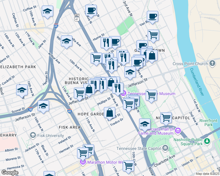 map of restaurants, bars, coffee shops, grocery stores, and more near 1206 9th Avenue North in Nashville