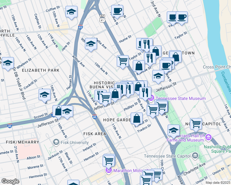 map of restaurants, bars, coffee shops, grocery stores, and more near 1003 Monroe Street in Nashville