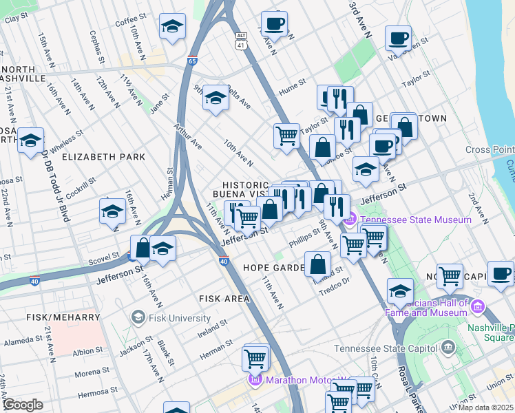 map of restaurants, bars, coffee shops, grocery stores, and more near 1003 Monroe Street in Nashville